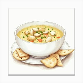 A Charming Watercolor Image Of A Bowl Of Creamy And Rich Clam Chowder With A Side Of Oyster Crackers Canvas Print