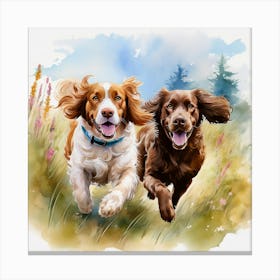 Watercolor Of Two Dogs Running Canvas Print