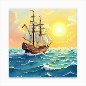 Majestic Ship Navigating Watercolor Sunny Waves 1 Canvas Print