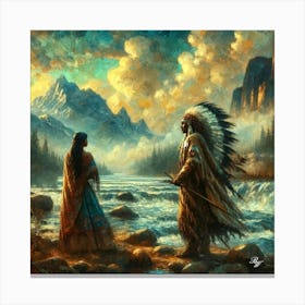 Oil Texture Native American Couple By Stream 2 Copy Canvas Print