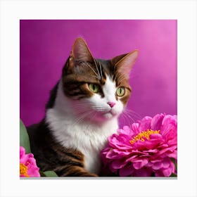 Cat With Flowers Pink and Fuchsia Canvas Print