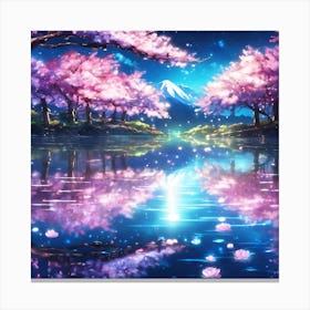 Mountain Lake Reflections with Pink Cherry Blossom Trees Canvas Print