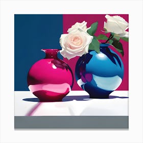 Round Vase in Pink & Blue with White Roses Canvas Print