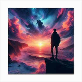 Person Standing On Cliff At Sunset Canvas Print