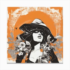 A Silhouette Of A Banana Wearing A Black Hat And Laying On Her Back On A Orange Screen, In The Style (2) Canvas Print