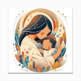 Mother and Child Digital Art Print – Whimsical Religious Illustration for Home Decor Canvas Print