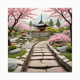 Japenese Pagoda Landscape With Moon Art Print (4) Canvas Print