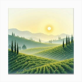 Serene Watercolor Of A Tuscan Countryside At Dawn, With Misty Hills And Vineyards 1 Canvas Print