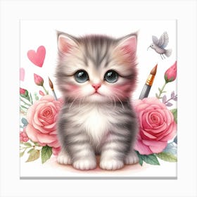Cute Kitten With Roses Canvas Print