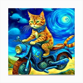 Cat Riding A Rocket Motorcycle In The Style Of Van Gogh 1 Canvas Print