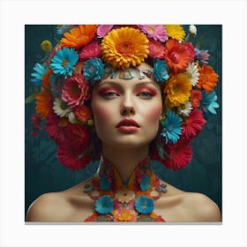 a woman in a colorful flower headdress, in the style of three-dimensional effects, pop-inspired imagery, uhd image, layered collages, barbie-core, futuristic pop, floral creative collage digital art by Paul Henderson, in the style of flower power, vibrant portraiture, UHD image, mike campau, multi-layered color fields, peter Mitchel, mandy disher flower collage art by, in the style of retro-futuristic cyberpunk, 1 Canvas Print