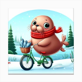 Seal On A Bicycle 3 Canvas Print