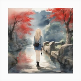 Girl Walking By A Stream Canvas Print