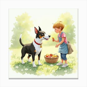 Watercolor Of A Bull Terrier And Child At A Family Barbecue 1 Canvas Print