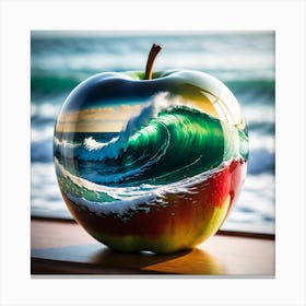 Stormy Sea Seamlessly Integrated Within A Translucent Half Glas Apple On A Wood Table Canvas Print