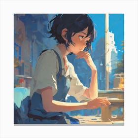 Anime Girl Sitting At Table Canvas Print