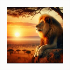 In the heart of the savanna, as the sun begins its fiery descent below the horizon, a majestic lion perches atop a weathered rock, surveying his kingdom with regal poise. His piercing gaze is a testament to his authority, while the golden hues of the sunset reflect off his tawny mane, igniting an aura of untamed power. The surrounding landscape, an endless expanse of amber grasslands dotted with acacia trees, whispers tales of his dominance and the pride that roams these vast plains. In this moment, as the world holds its breath, the lion embodies the raw essence of nature's sovereignty, a symbol of strength, resilience, and the untamed spirit that defines the African wilderness. Canvas Print