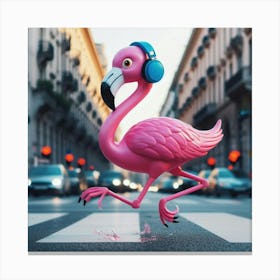 Pink Flamingo Crossing The Street Canvas Print