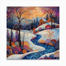 Colourful Winter Landscape Painting Canvas Print