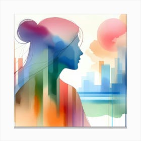 Watercolor Cityscape Illustration Of A Woman Canvas Print