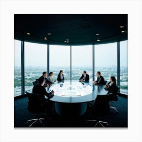 Business Team In Mid Strategizing Session Seated Around A Sleek Oval Glass Table Reflecting Ambien 2 1 Canvas Print