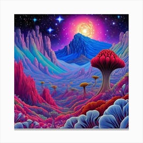 A colorful illustration of a river with a tree in the middle Canvas Print