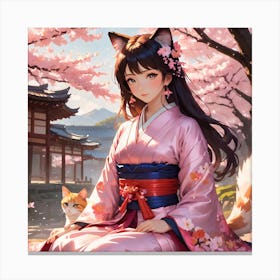 Asian Girl With Cat Canvas Print