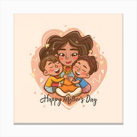 Happy Mother's Day - A Cute Cartoon Style Of A Mother Sitting With Her Son And Daughter Canvas Print
