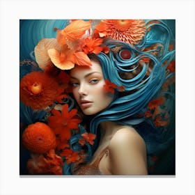 Blue Haired Girl With Flowers Canvas Print