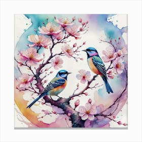 Two Birds In Cherry Blossoms Canvas Print