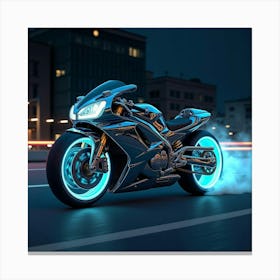 Super Bike With A Chrome Body And Glowing Accents Racing In The Night 1 Canvas Print