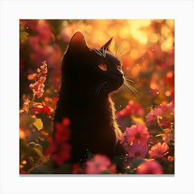 Black Cat in a Floral Sunset Garden 4 Canvas Print