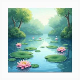 Dreamlike Watercolor Lake With Floating Lotus Blossoms 1 Canvas Print