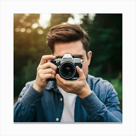 Man Taking Photo With Camera Canvas Print