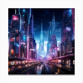 The Metropolis Of Tomorrow Neon Lit Skyscrapers Canvas Print