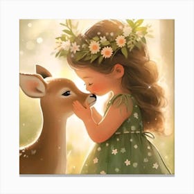 Little Girl Kissing A Deer Canvas Print