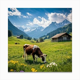 Alpine Meadow With A Cow Grazing Spring Setting Blossoming Flowers Dotting The Lush Grass Warm Su (4) Canvas Print