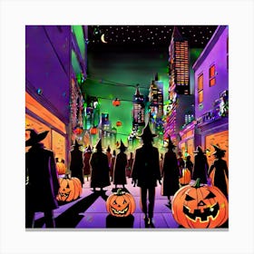 The Image Captures A Contemporary Halloween Scene Featuring A Bustling Urban Street Brightly Illumi Canvas Print
