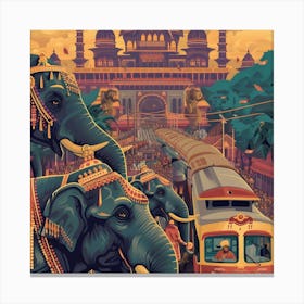 Elephants On The Train Canvas Print