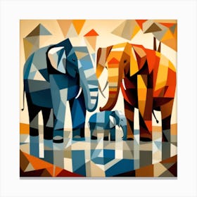 A Cubist Depiction Of A Family Of Elephants Gathered Canvas Print