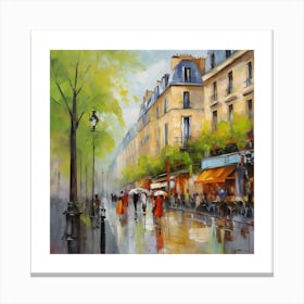 Paris Street Scene Paris city, pedestrians, cafes, oil paints, spring colors. 2 Canvas Print
