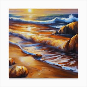 The sea. Beach waves. Beach sand and rocks. Sunset over the sea. Oil on canvas artwork.7 Canvas Print
