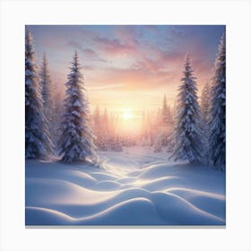 Snowy Forest Landscape Under The Pale Light Of A Winter Sunrise Trees Bowing Gently Under The Weigh Canvas Print