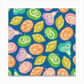 JUICY FRUITS Retro Plump Ripe Fruit Apple Pear Lemon Lime Orange Citrus in Bright Summer Colours on Royal Blue Canvas Print