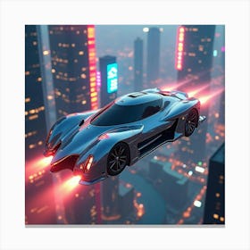 Futuristic Flying Car With Sleek Metallic Design, Soaring Over Neon Cityscape 1 Canvas Print