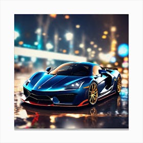 Blue Sports Car At Night Canvas Print