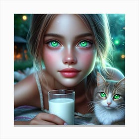 Little Girl With Cat And Glass Of Milk Canvas Print