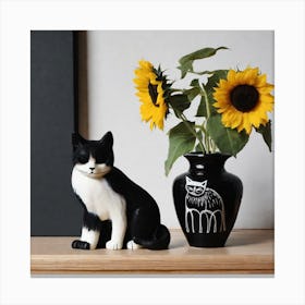 Cat And Sunflowers Canvas Print