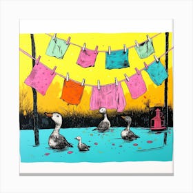 Duckling Under A Washing Line Linocut Style 2 Canvas Print