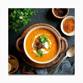 Autumn Pumpkin Curry Soup Simmering In A Traditional Clay Pot Steam Rising Surrounded By An Assort (1) Canvas Print